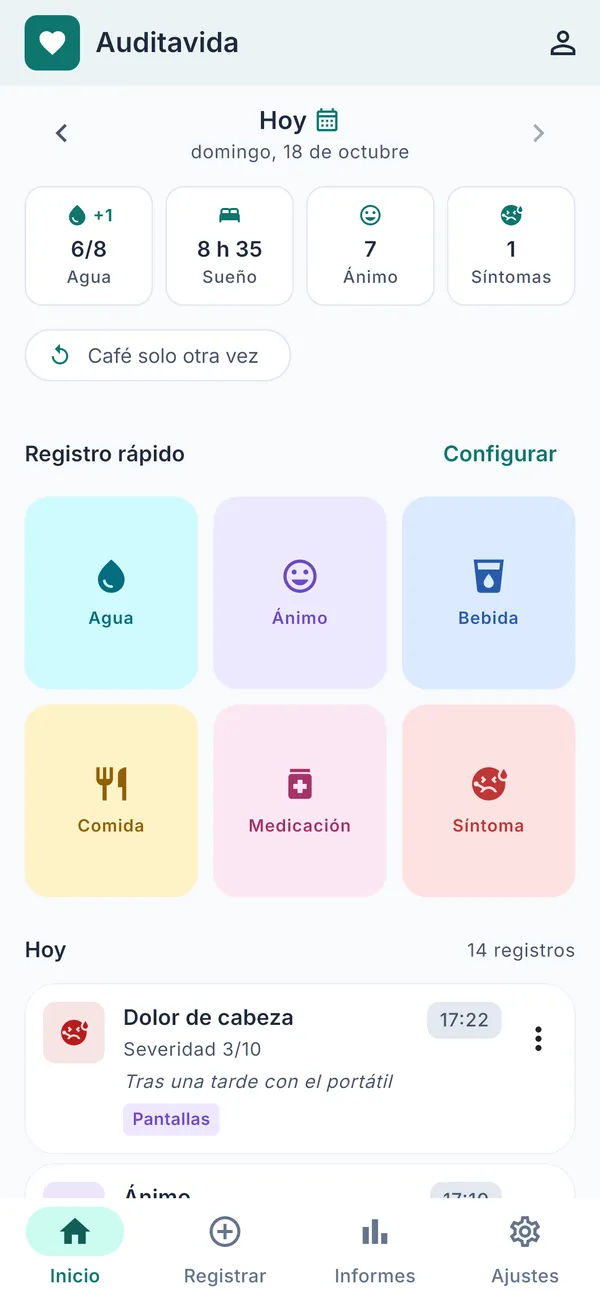 Auditavida: la pantalla Hoy con el resumen del día, el registro rápido y los últimos registros