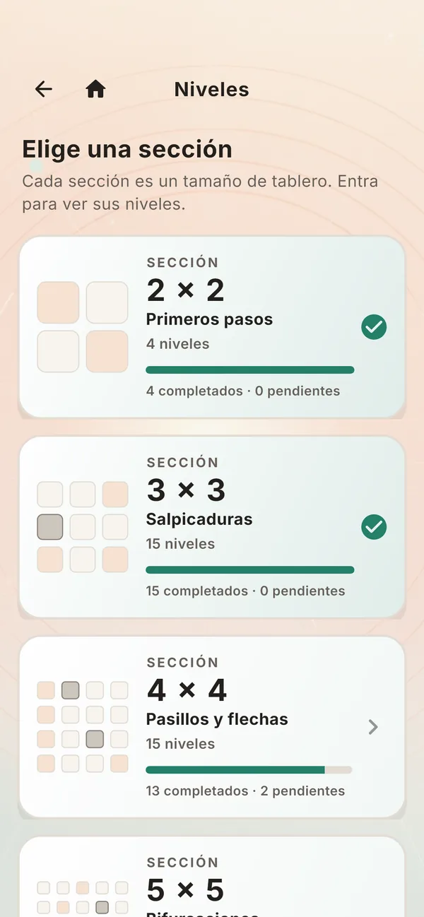 Zerofill: selector de secciones con el progreso de cada tamaño de tablero